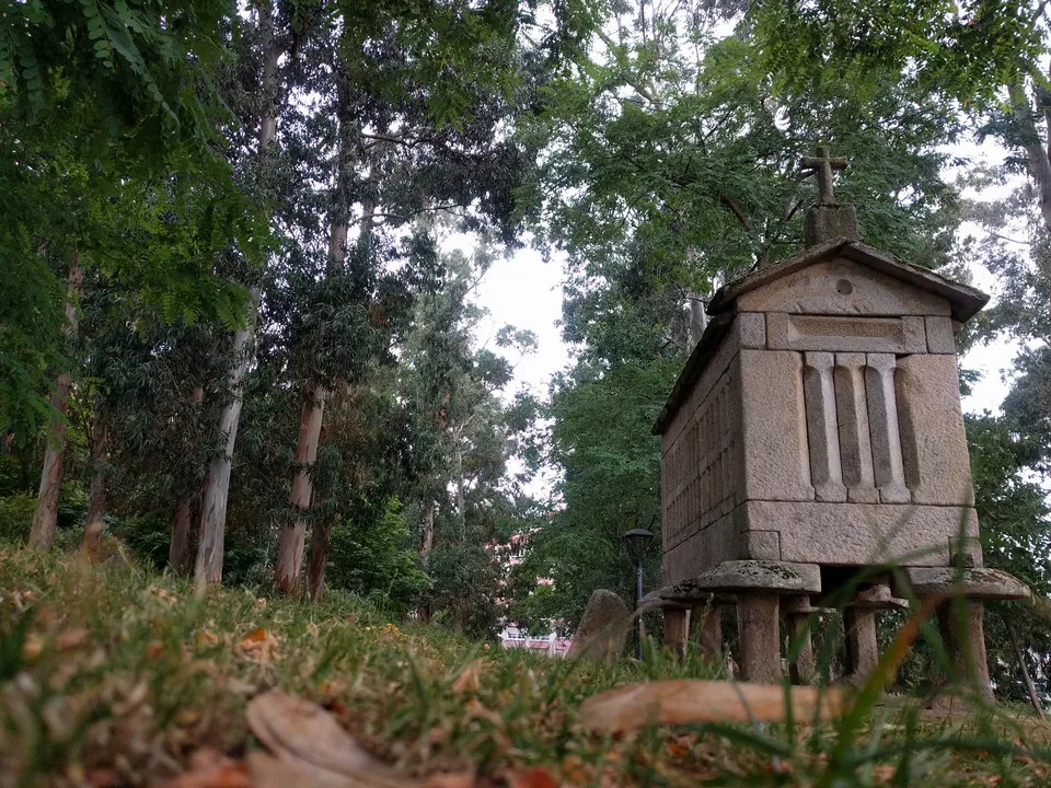 Pequeña construcción de madera elevada entre los árboles