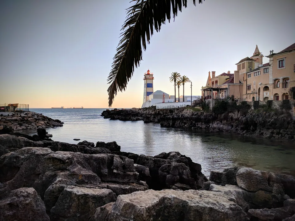 Rocas y palmeras en una ciudad costera al atardecer